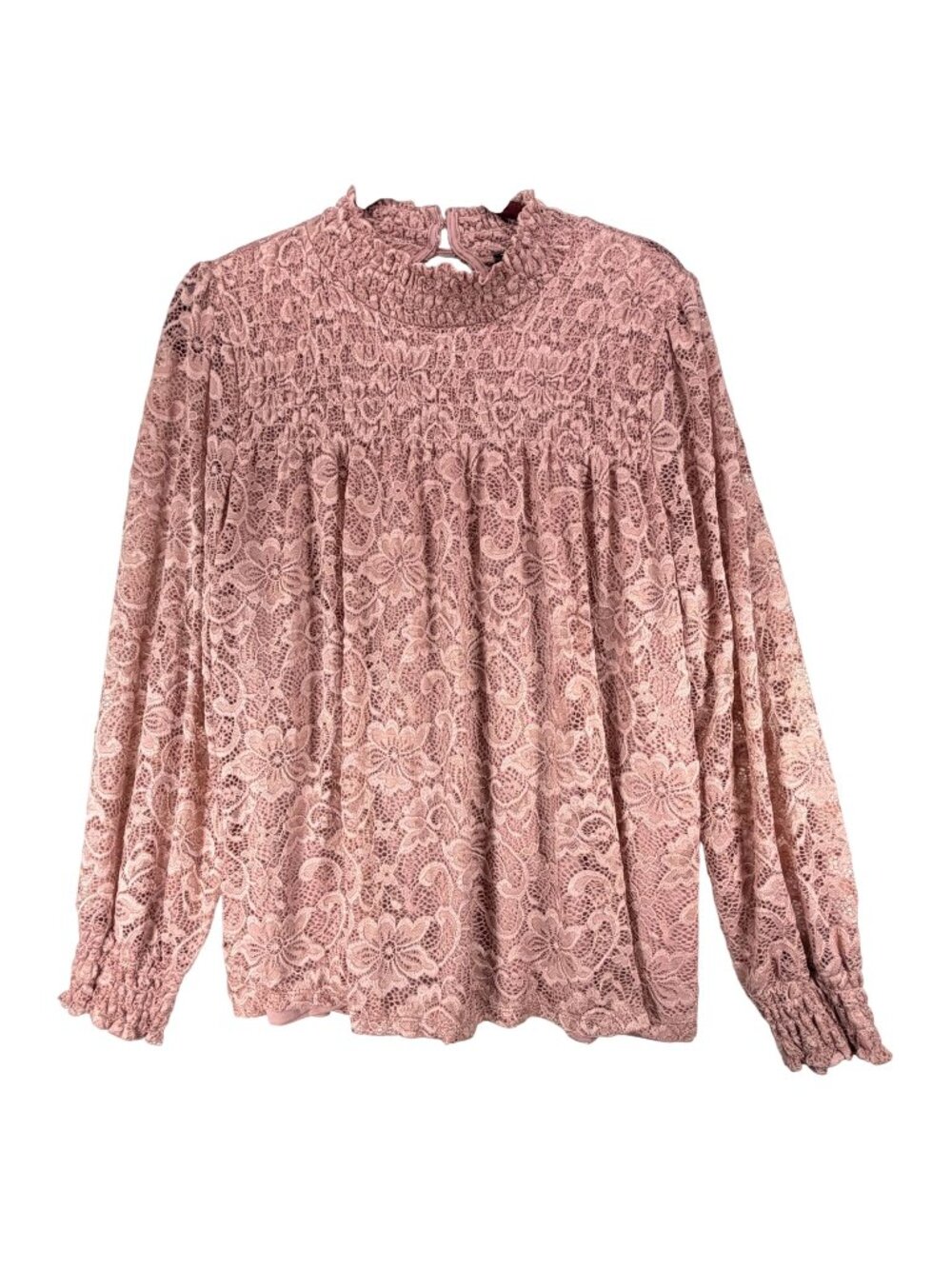 Cable & Gauge Pink Floral Lace Blouse 1X Smocked Long Sleeve Lined Feminine Boho